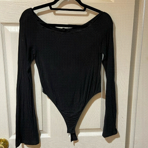 Olivaceous bell sleeve black bodysuit